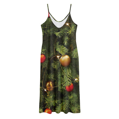 Decorated Christmas Tree Print Jersey Midi Cami Dress