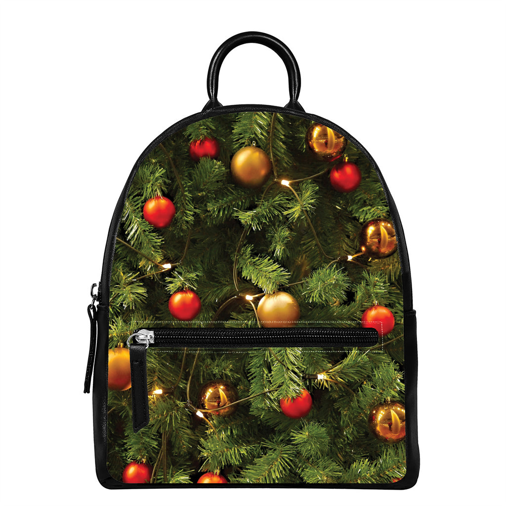 Decorated Christmas Tree Print Leather Backpack