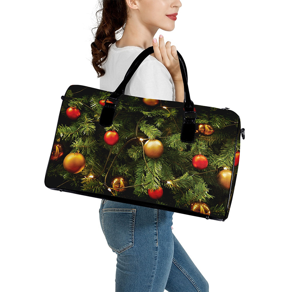 Decorated Christmas Tree Print Leather Duffle Bag