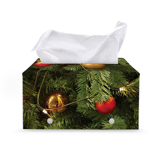 Decorated Christmas Tree Print Leather Tissue Box Cover