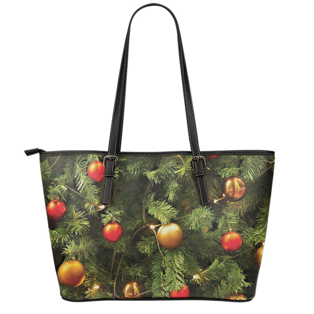 Decorated Christmas Tree Print Leather Tote Bag