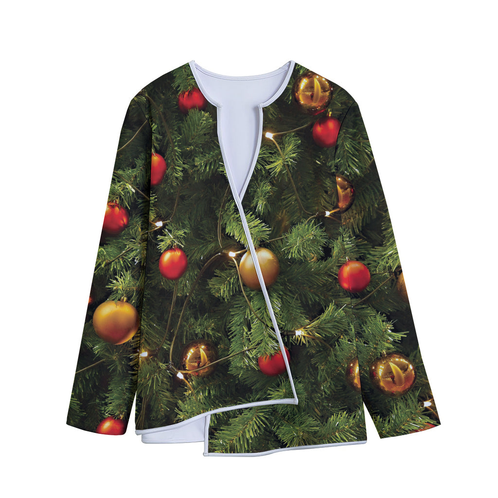 Decorated Christmas Tree Print Long Sleeve Short Coat