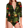 Decorated Christmas Tree Print Long Sleeve Swimsuit