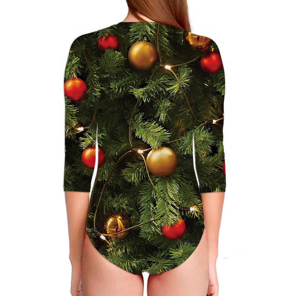 Decorated Christmas Tree Print Long Sleeve Swimsuit