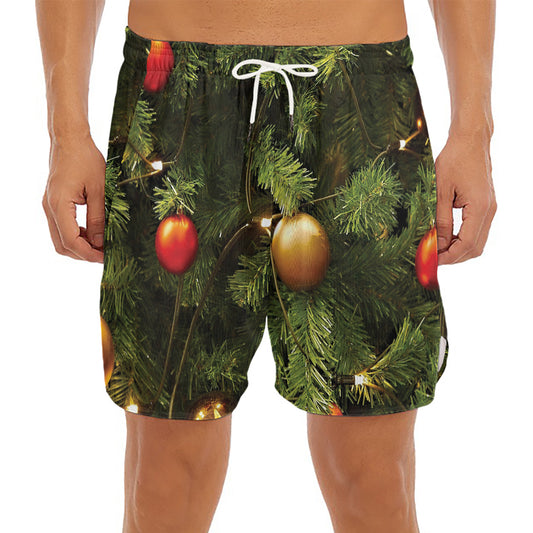 Decorated Christmas Tree Print Men's Split Running Shorts