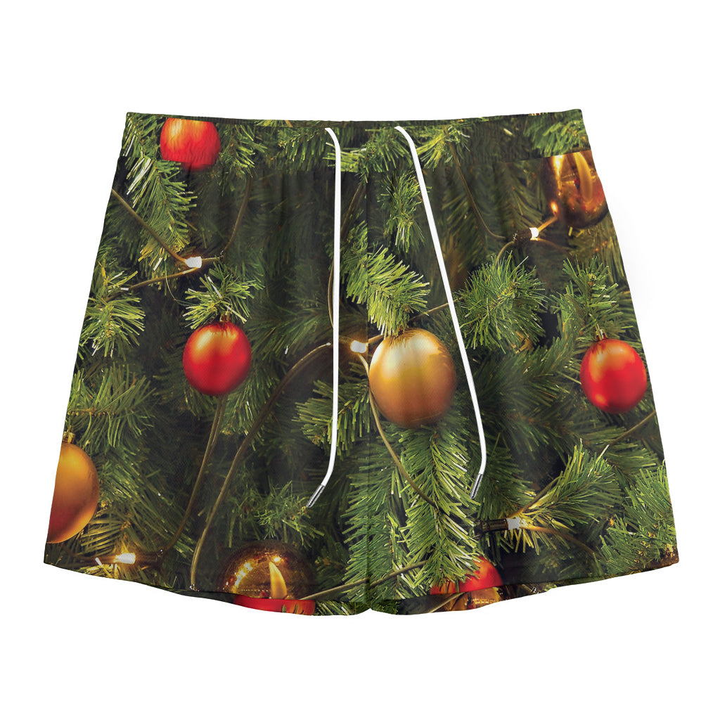 Decorated Christmas Tree Print Mesh Shorts
