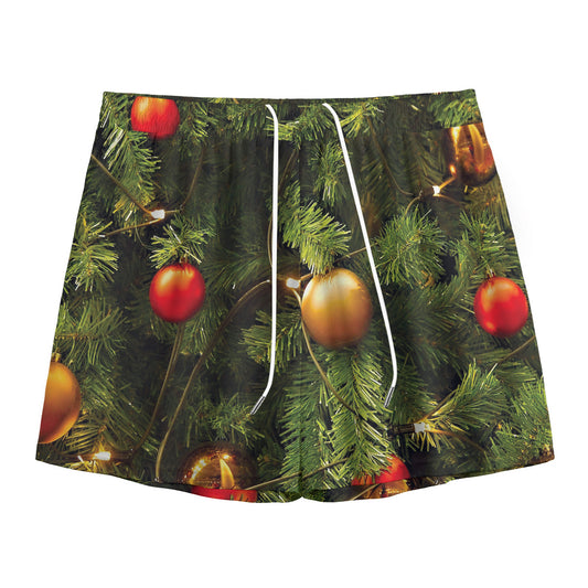Decorated Christmas Tree Print Mesh Shorts