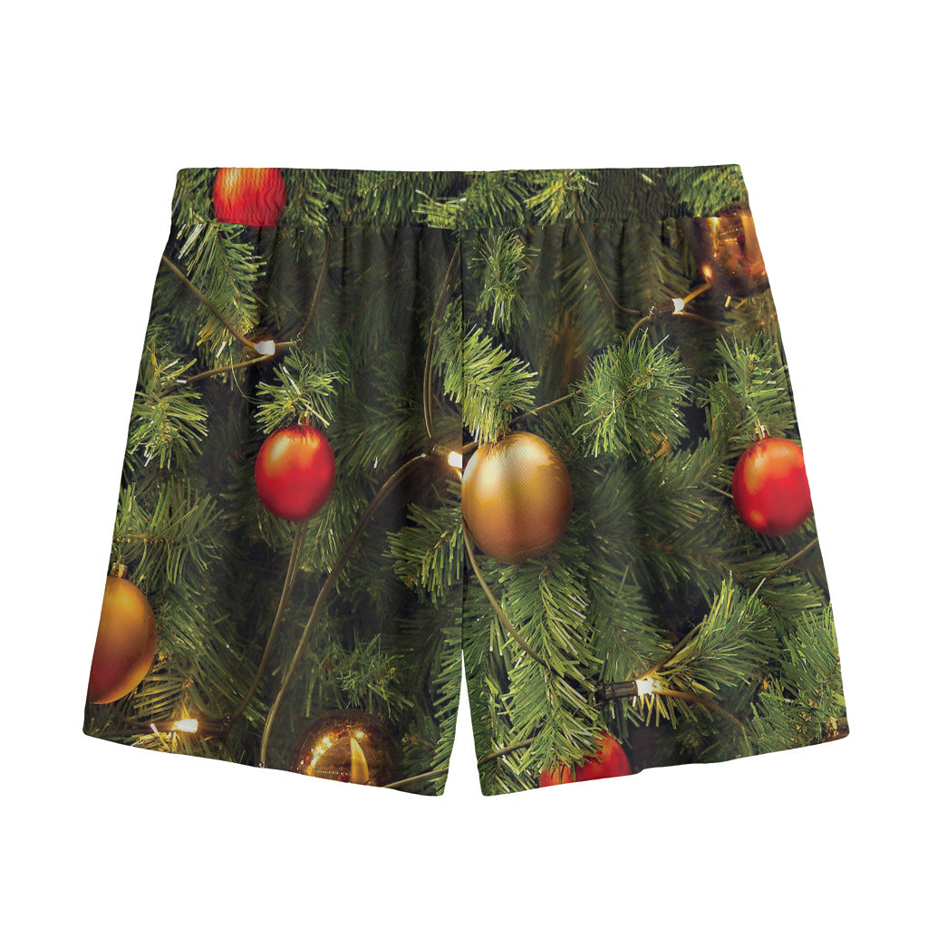 Decorated Christmas Tree Print Mesh Shorts