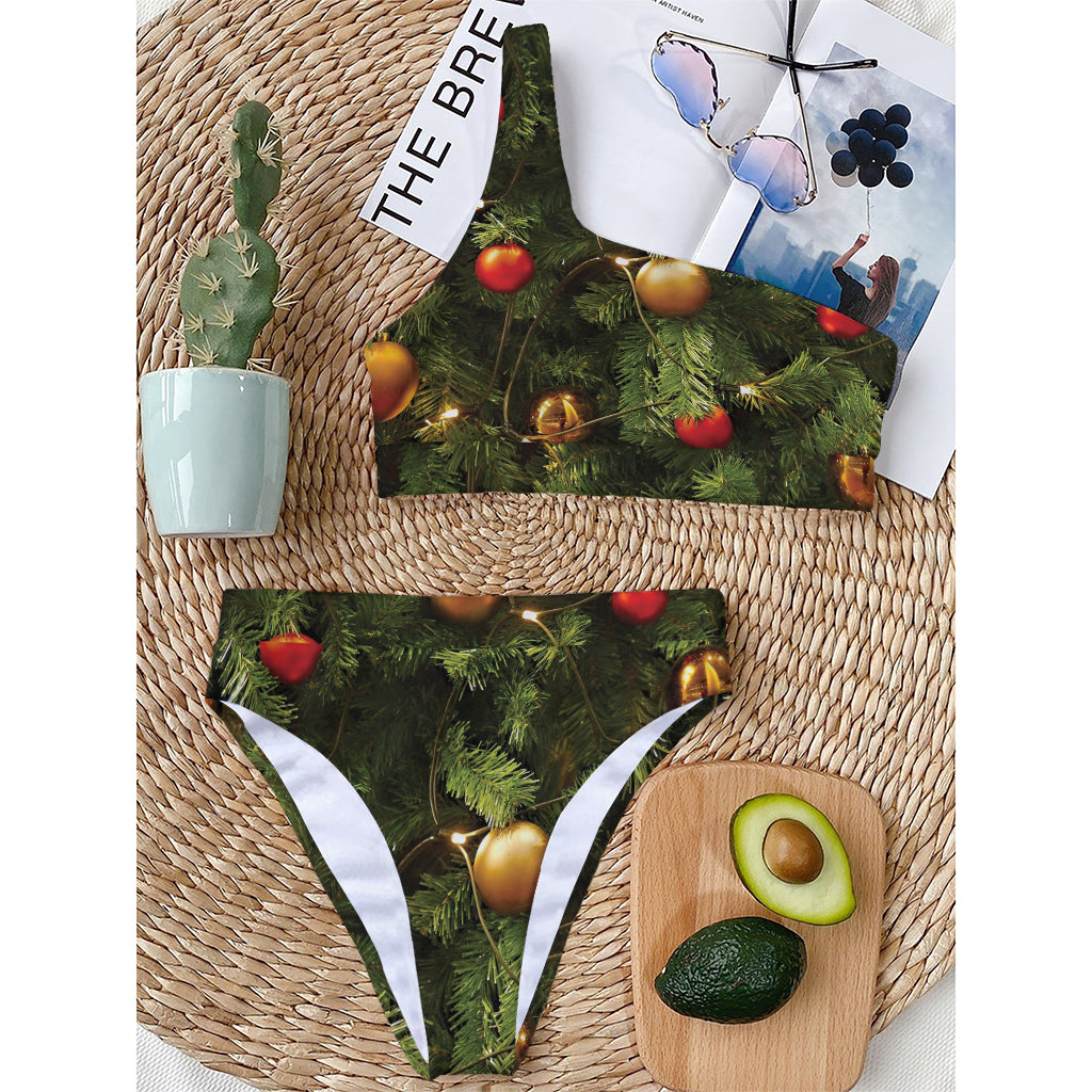 Decorated Christmas Tree Print One Shoulder Bikini Top