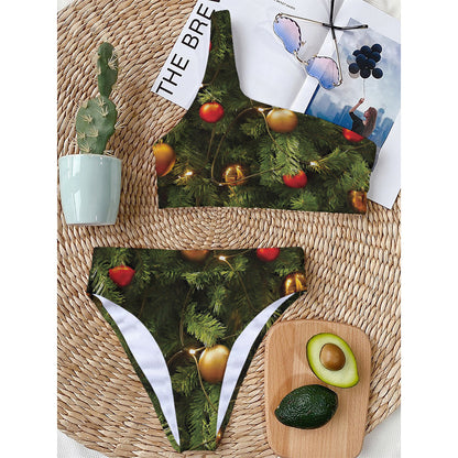 Decorated Christmas Tree Print One Shoulder Bikini Top