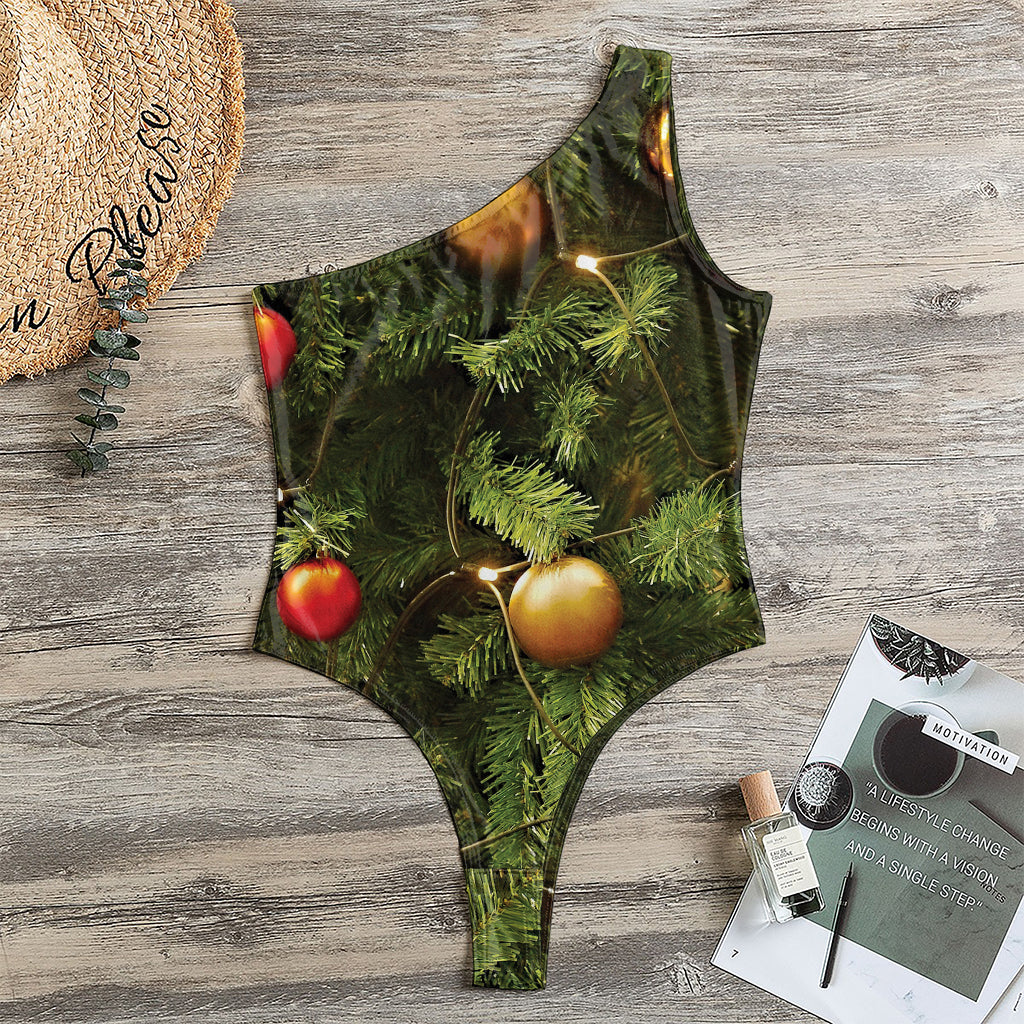 Decorated Christmas Tree Print One Shoulder Bodysuit