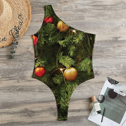 Decorated Christmas Tree Print One Shoulder Bodysuit