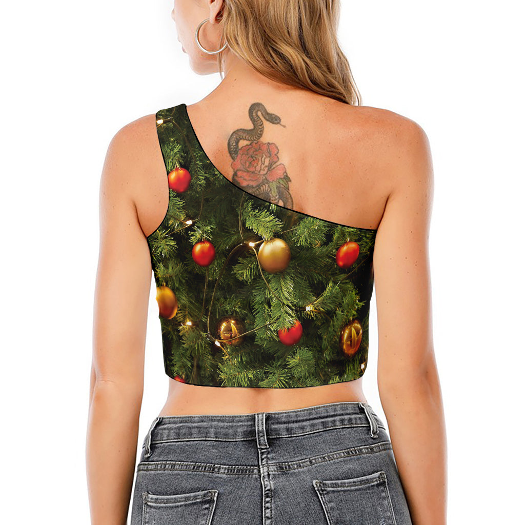 Decorated Christmas Tree Print One Shoulder Crop Top