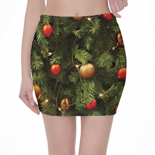 Decorated Christmas Tree Print Pencil Mini Skirt