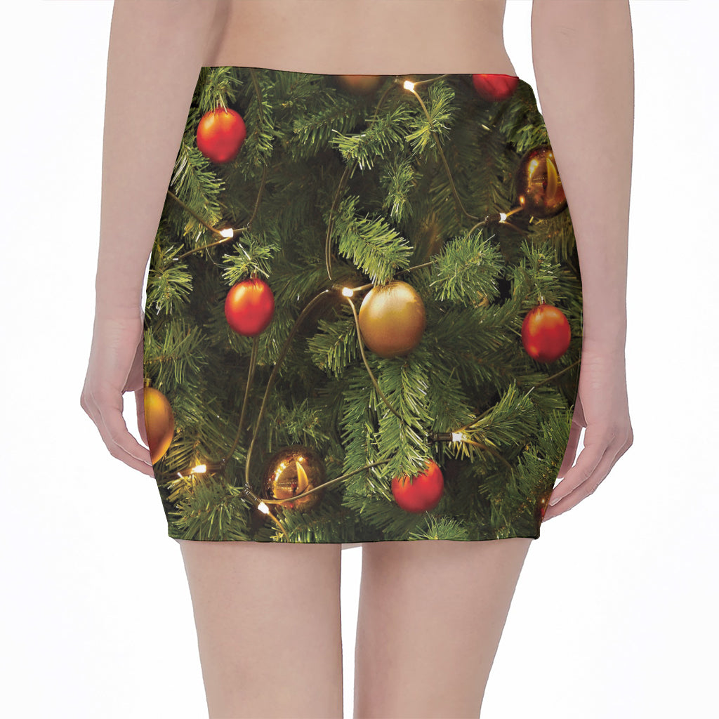 Decorated Christmas Tree Print Pencil Mini Skirt