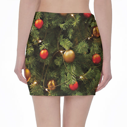 Decorated Christmas Tree Print Pencil Mini Skirt