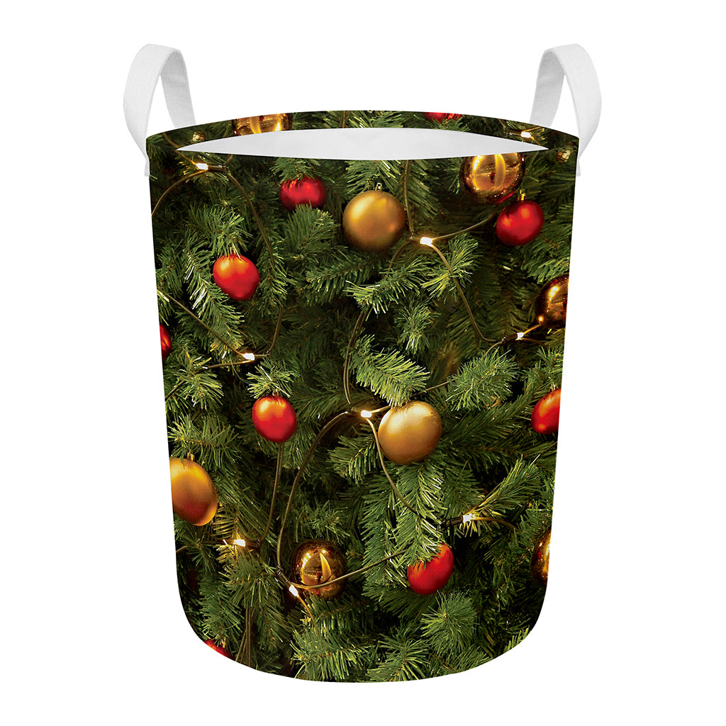 Decorated Christmas Tree Print Round Laundry Basket