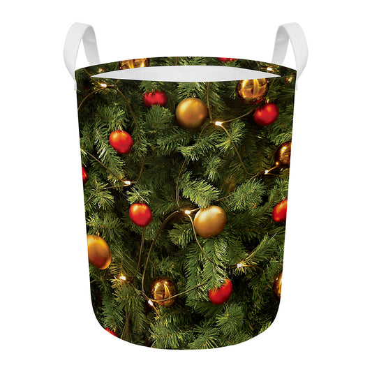 Decorated Christmas Tree Print Round Laundry Basket