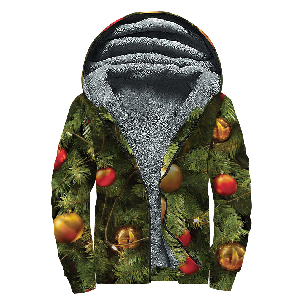 Decorated Christmas Tree Print Sherpa Lined Zip Up Hoodie