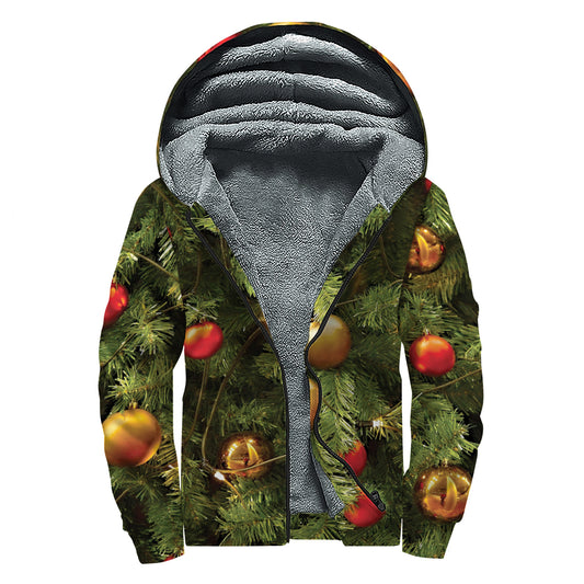 Decorated Christmas Tree Print Sherpa Lined Zip Up Hoodie