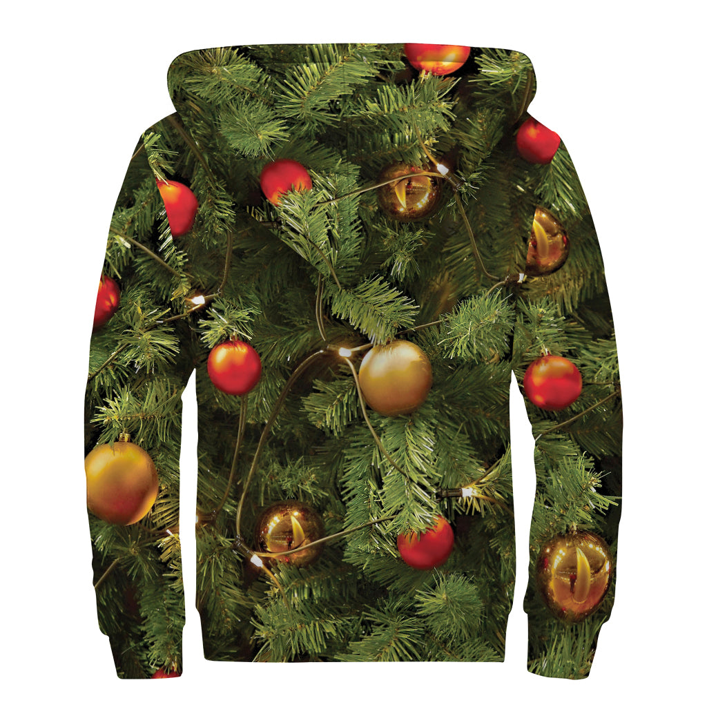 Decorated Christmas Tree Print Sherpa Lined Zip Up Hoodie