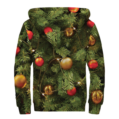 Decorated Christmas Tree Print Sherpa Lined Zip Up Hoodie