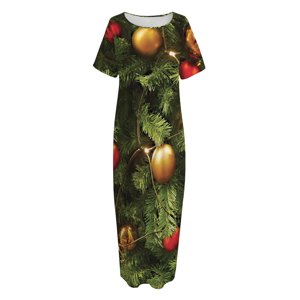 Decorated Christmas Tree Print Short Sleeve Long Nightdress