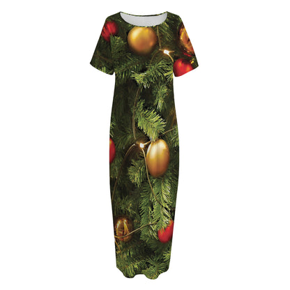 Decorated Christmas Tree Print Short Sleeve Long Nightdress