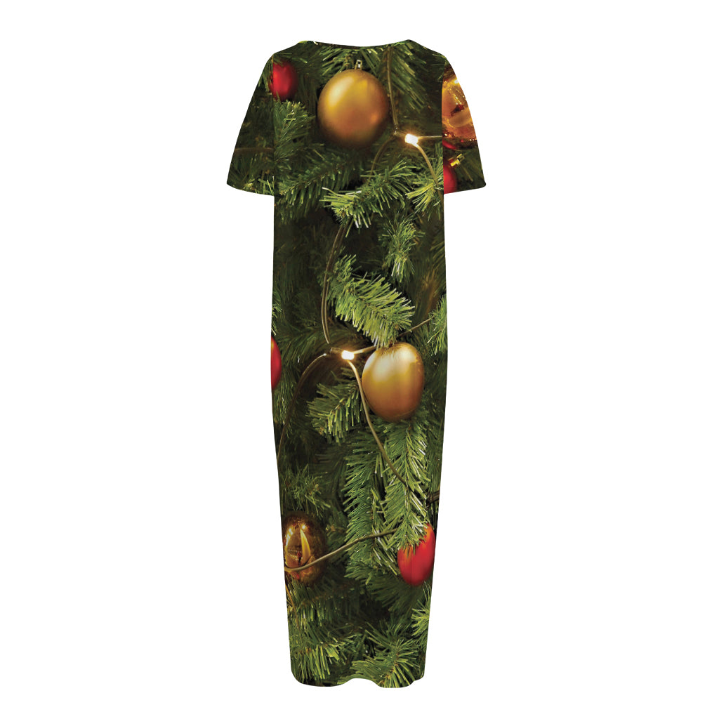 Decorated Christmas Tree Print Short Sleeve Long Nightdress