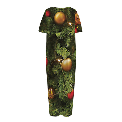 Decorated Christmas Tree Print Short Sleeve Long Nightdress