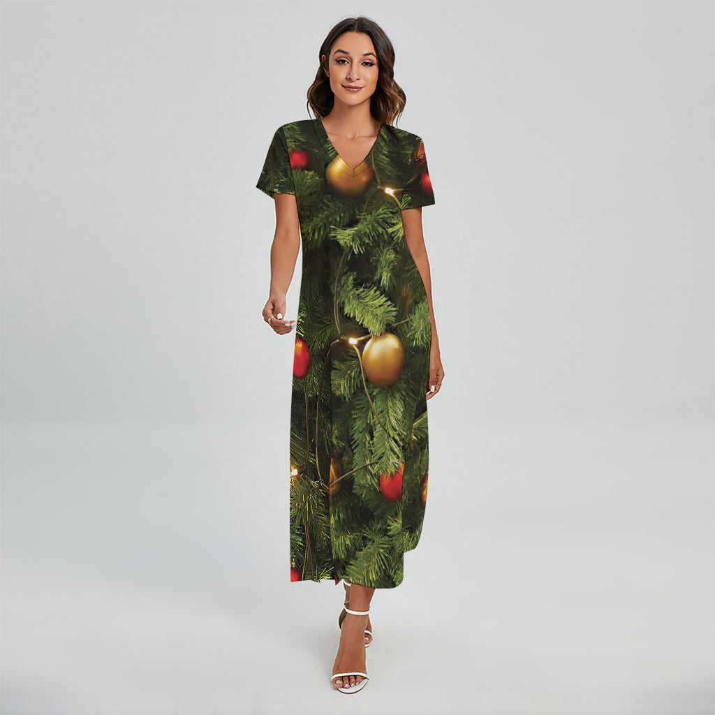 Decorated Christmas Tree Print Short Sleeve Maxi Dress