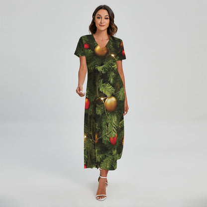 Decorated Christmas Tree Print Short Sleeve Maxi Dress