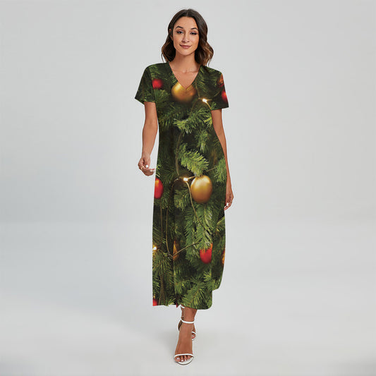 Decorated Christmas Tree Print Short Sleeve Maxi Dress