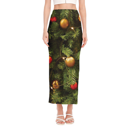 Decorated Christmas Tree Print Side Slit Maxi Skirt