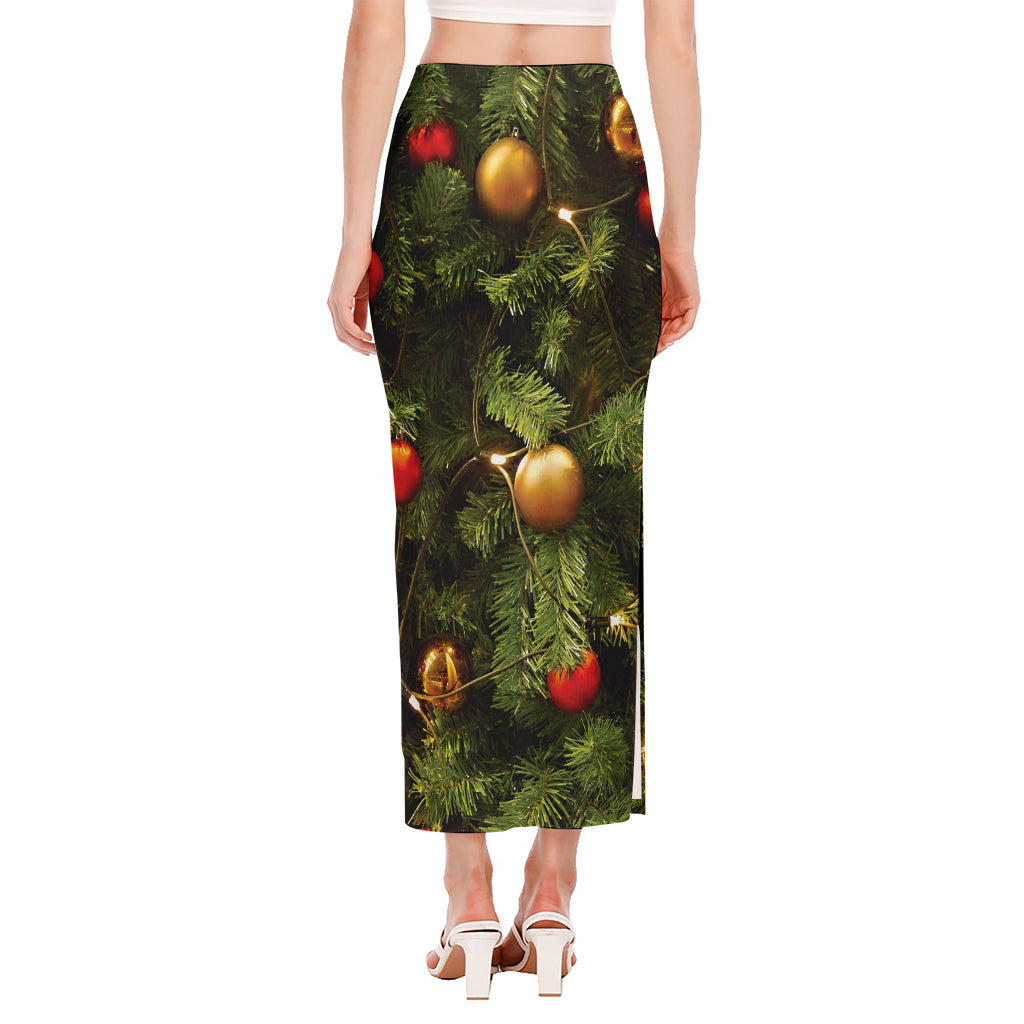Decorated Christmas Tree Print Side Slit Maxi Skirt