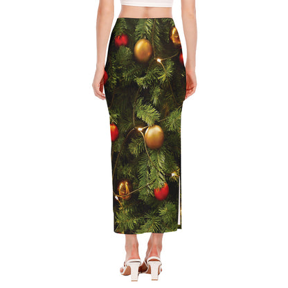 Decorated Christmas Tree Print Side Slit Maxi Skirt