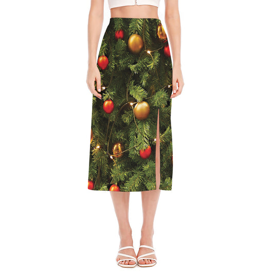 Decorated Christmas Tree Print Side Slit Midi Skirt