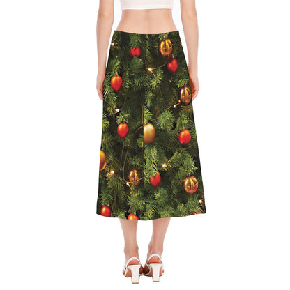 Decorated Christmas Tree Print Side Slit Midi Skirt