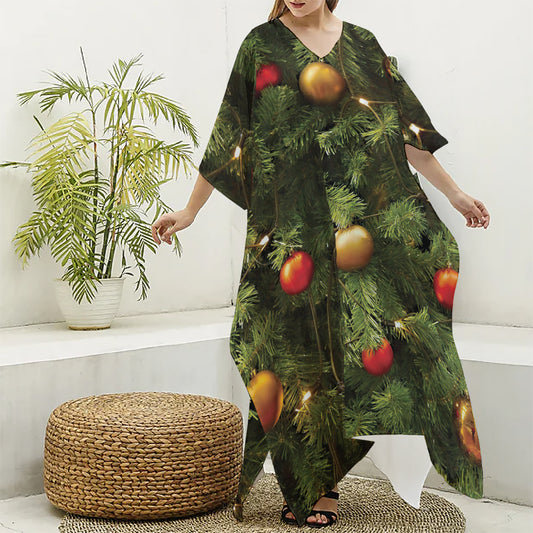 Decorated Christmas Tree Print Silk V-Neck Kaftan Dress