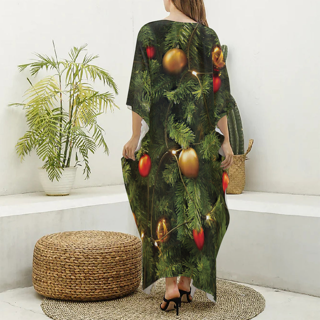 Decorated Christmas Tree Print Silk V-Neck Kaftan Dress