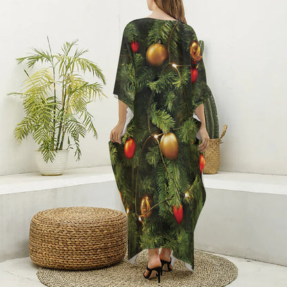 Decorated Christmas Tree Print Silk V-Neck Kaftan Dress