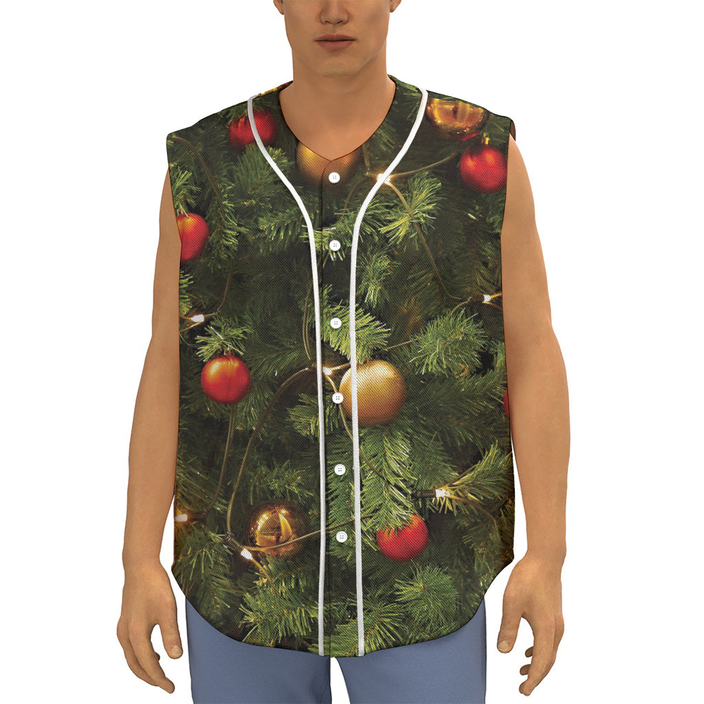 Decorated Christmas Tree Print Sleeveless Baseball Jersey