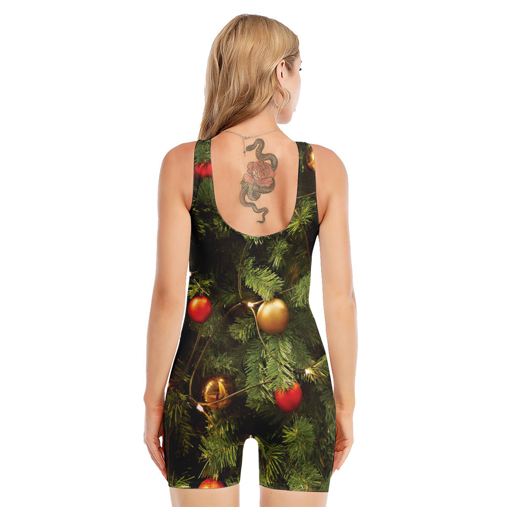 Decorated Christmas Tree Print Sleeveless One Piece Swimsuit