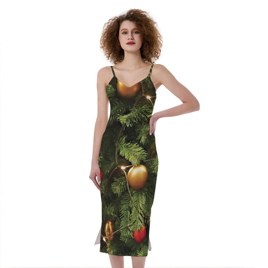 Decorated Christmas Tree Print Slim Fit Midi Cami Dress