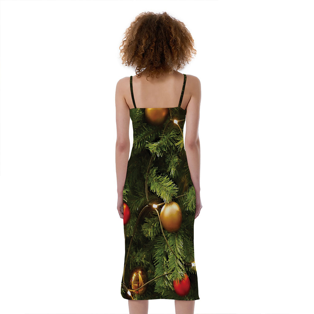 Decorated Christmas Tree Print Slim Fit Midi Cami Dress