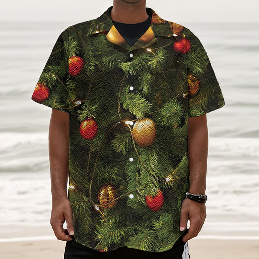 Decorated Christmas Tree Print Textured Short Sleeve Shirt