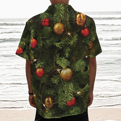 Decorated Christmas Tree Print Textured Short Sleeve Shirt