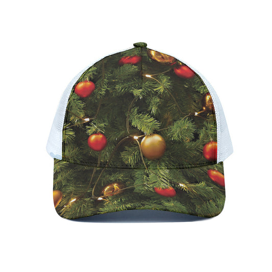 Decorated Christmas Tree Print White Mesh Trucker Cap