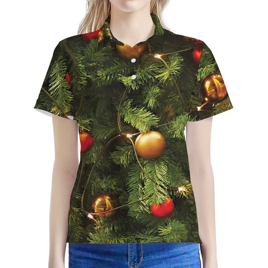 Decorated Christmas Tree Print Women's Polo Shirt