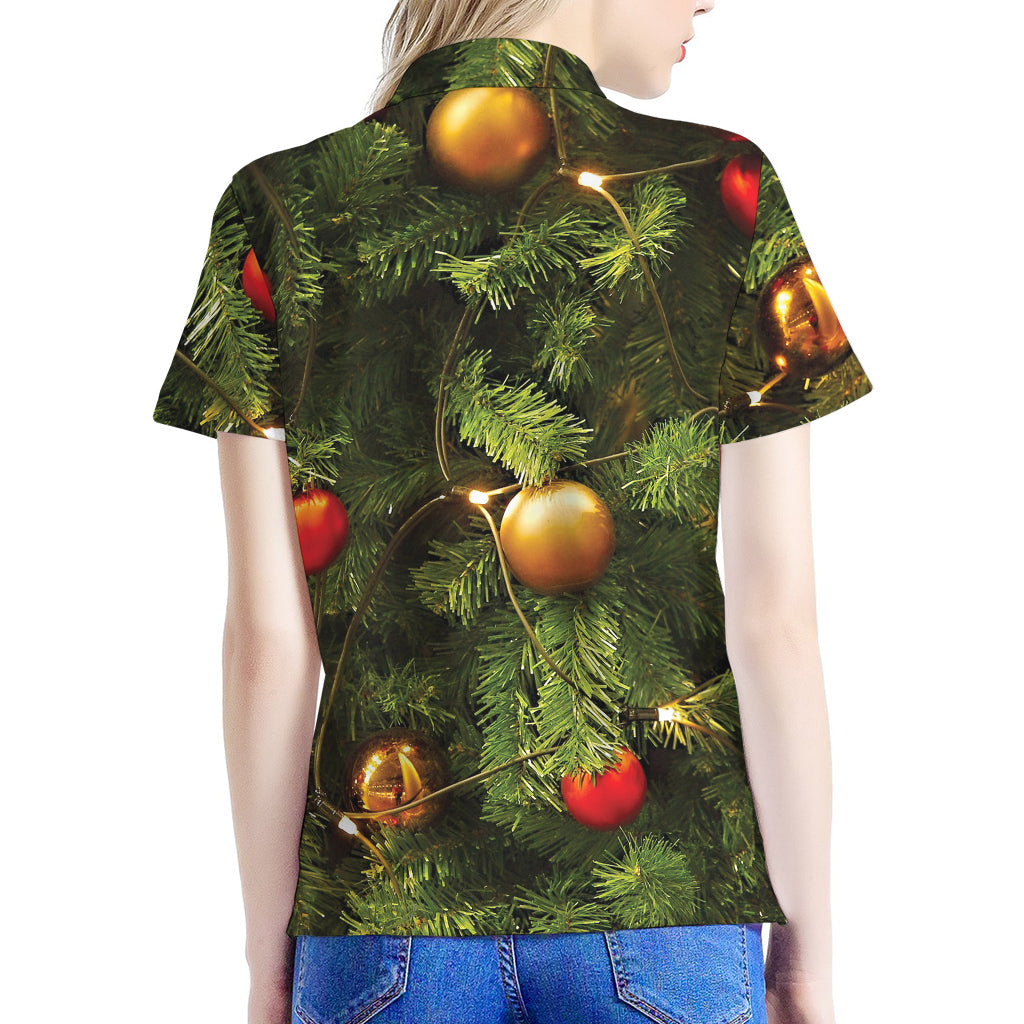 Decorated Christmas Tree Print Women's Polo Shirt